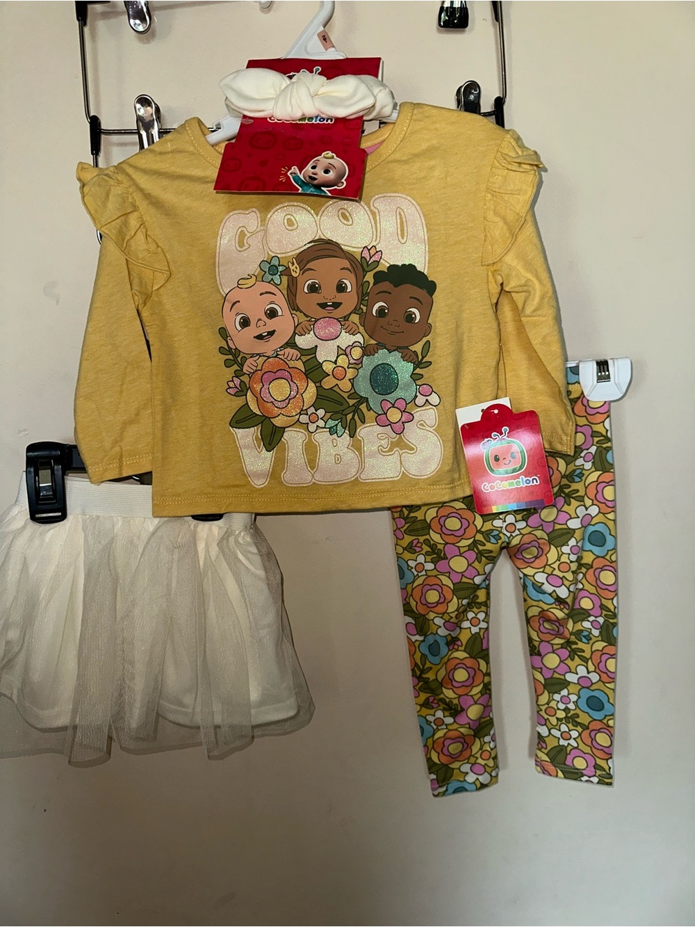 COCOMELON outfit Top w/ Floral Leggings, skirt/tutu, and headband
